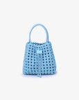 A sky blue woven mini tote with a drawstring closure and nickel hardware, displayed against a plain background.
