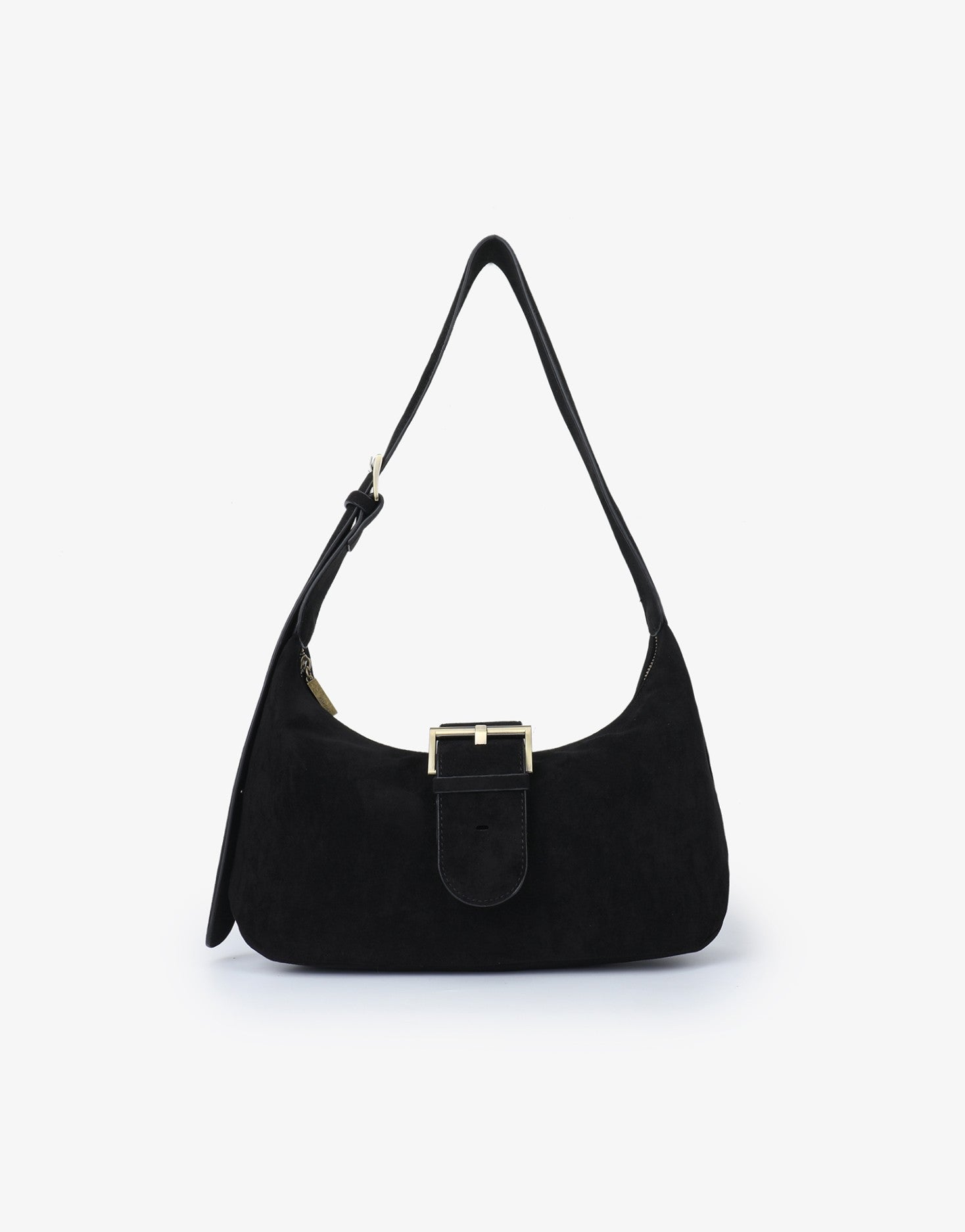 Black faux suede shoulder bag with buckle hardware_Remi and Reid