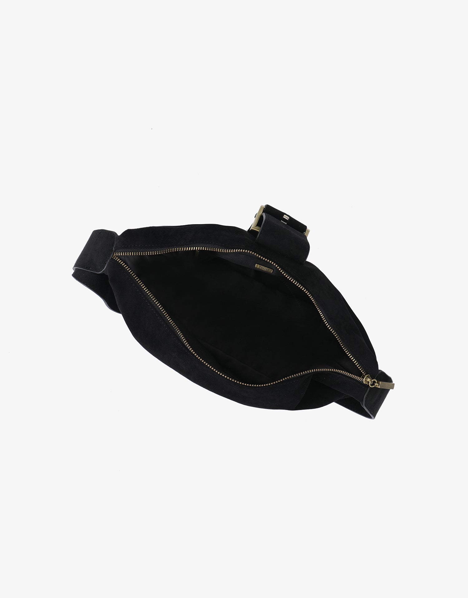 Black faux suede shoulder bag showing internal storage and zipper detail_Remi and Reid