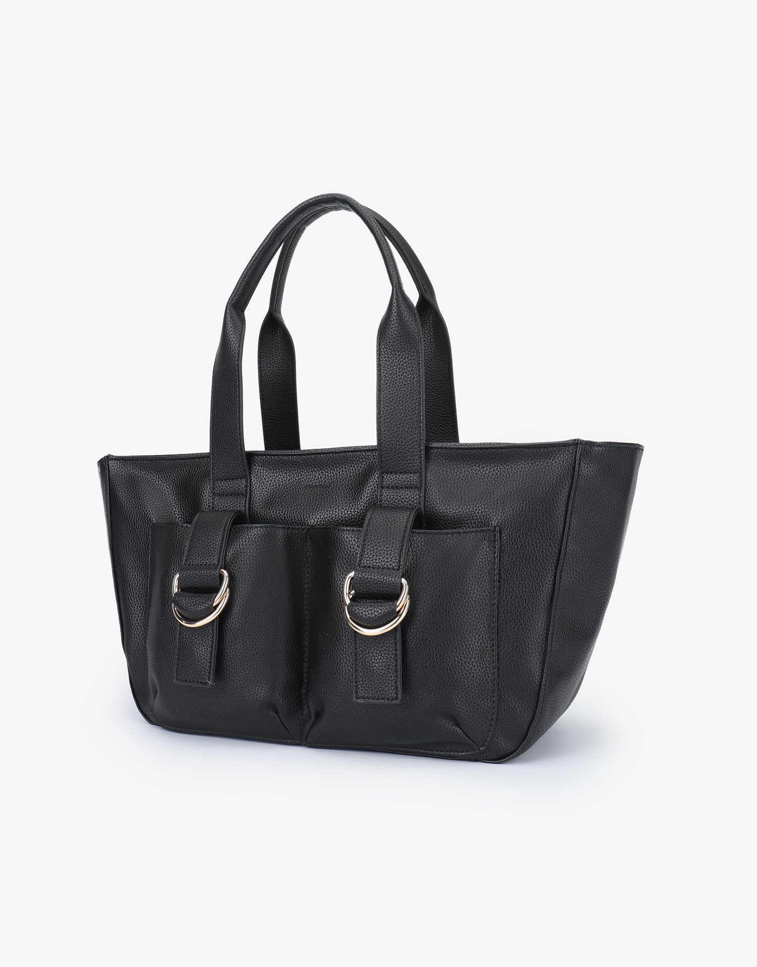 Black handbag with gold hardware and front pockets_Remi and Reid