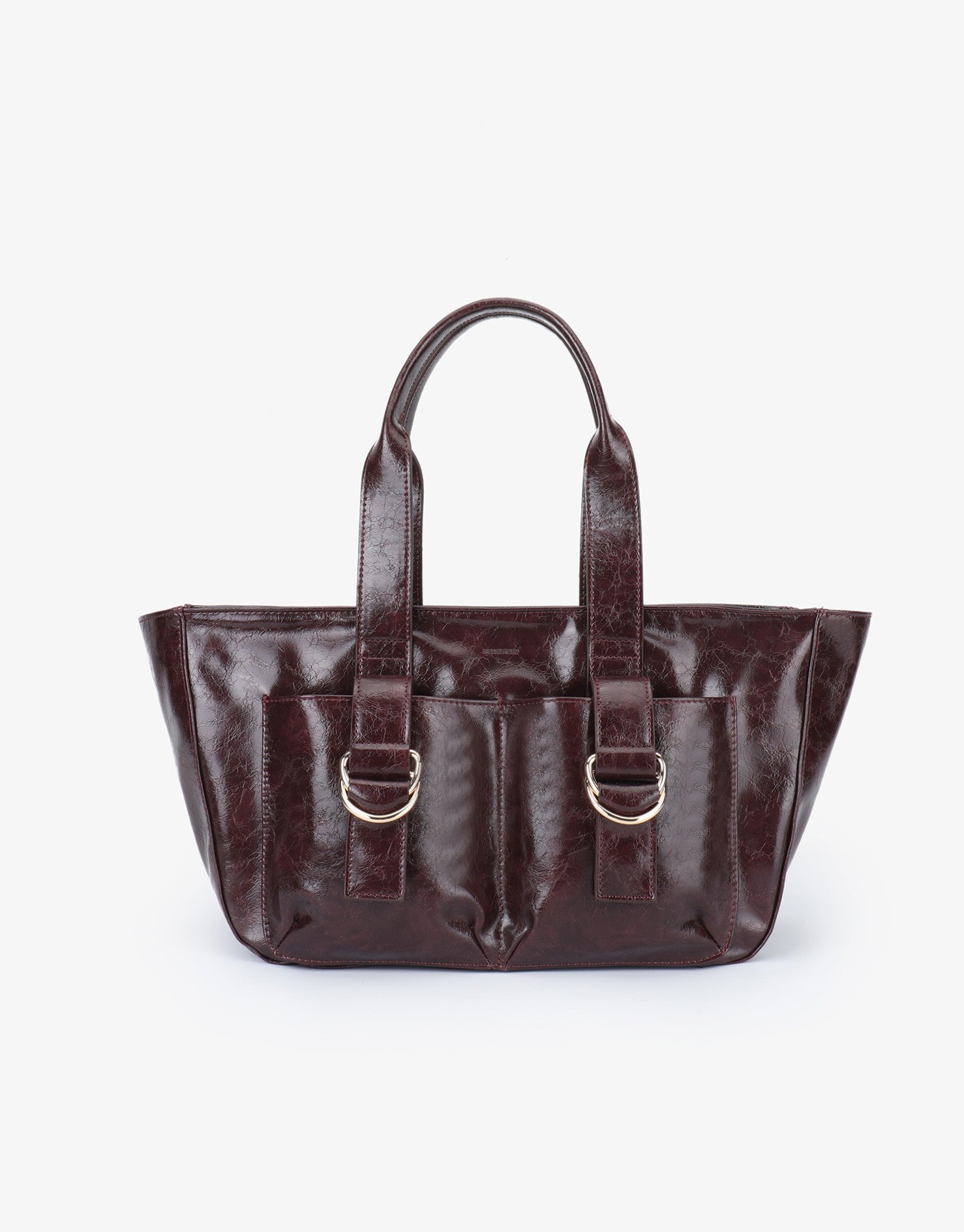 Brown tote handbag with gold hardware and front pockets_Remi and Reid