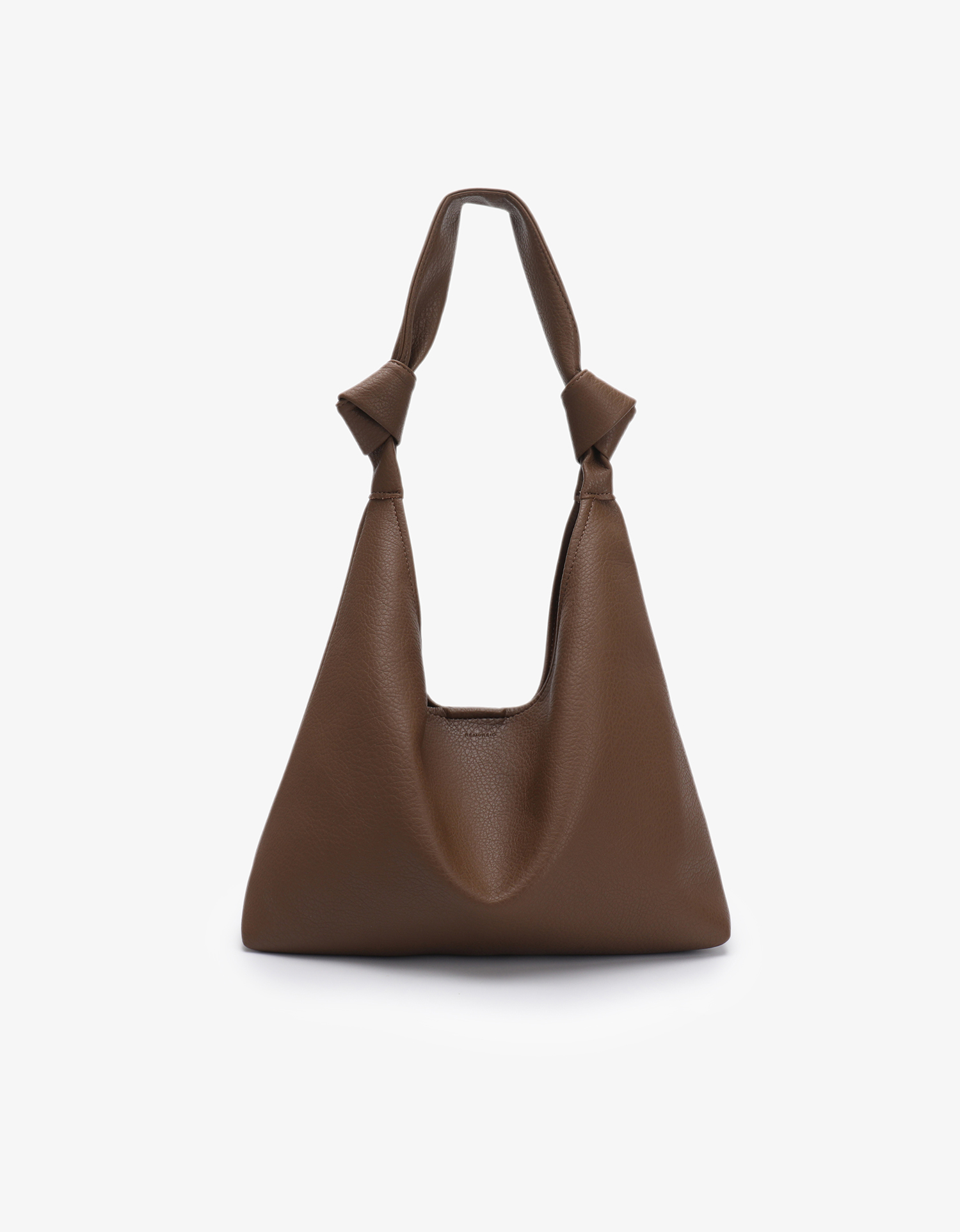 A taupe-colored handbag with a knotted shoulder strap and a minimalistic design.